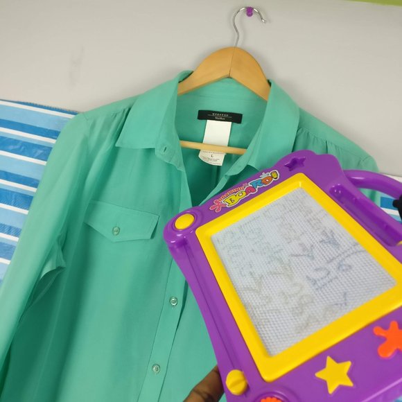Weekend Max Mara 100% SILK Double Breasted Pocket Long Sleeve Shirt Cool Green L - Picture 8 of 9